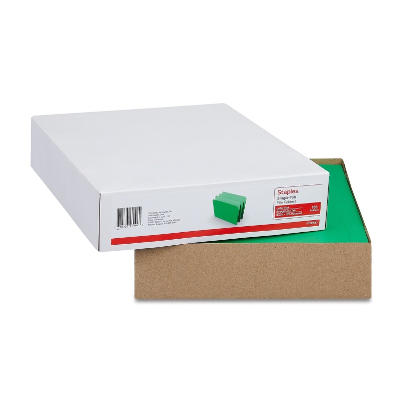 Staples File Folder, Single Tab, Letter Size, Green, 100/Box (St509653-Cc)