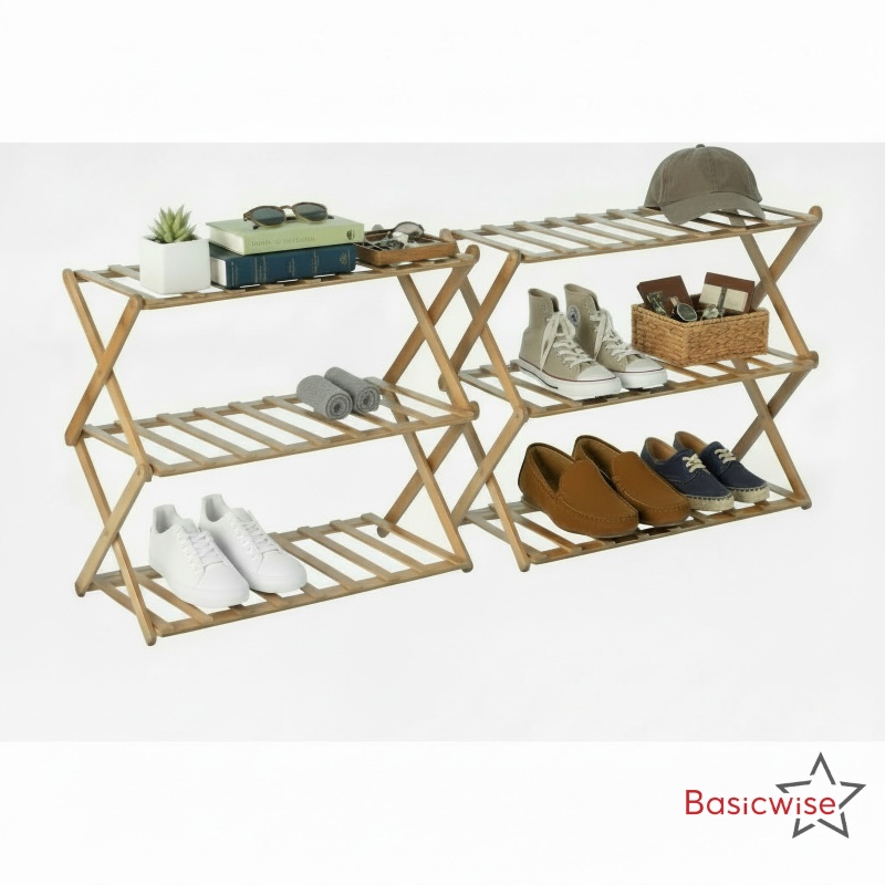 Set of 2 Foldable Bamboo Shoe Rack and Storage Shelf