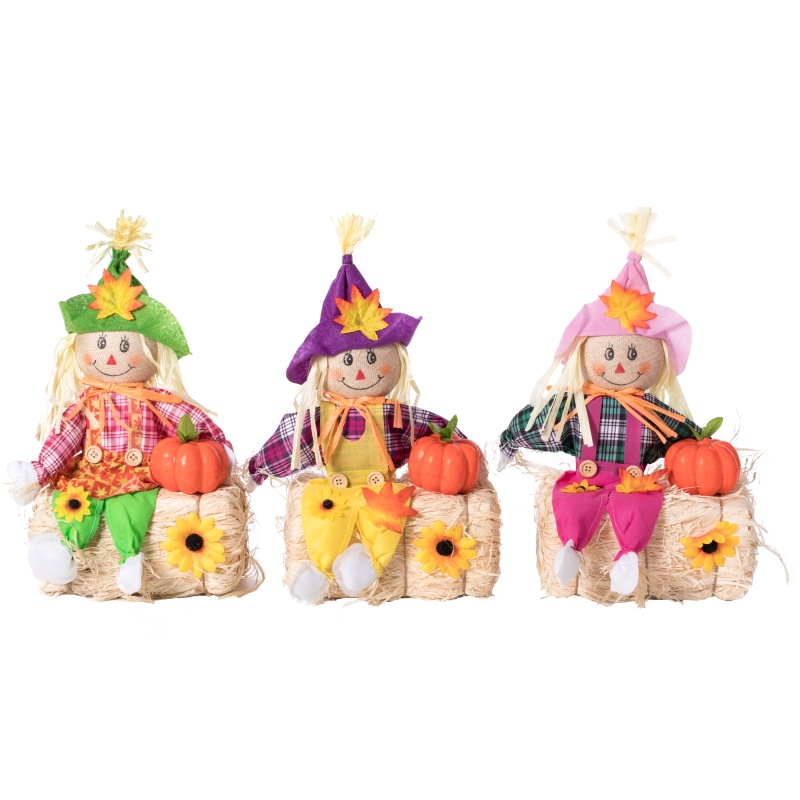 Gardenised 18 Inch Sitting On Straw And Hay Bales Multicolor Trio Scarecrows For Halloween, Fall And All Time Season Garden Decor, Perfect To Add A Festive Touch To Your Lawn