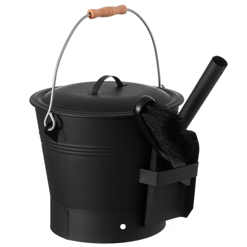 Black Iron Ash Bucket With Lid and Brush