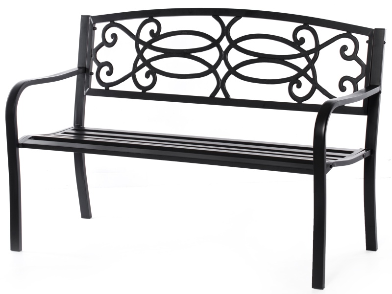 Steel Outdoor Patio Garden Park Seating Bench With Cast Iron Scrollwork Backrest, Front Porch Yard Bench Lawn Decor
