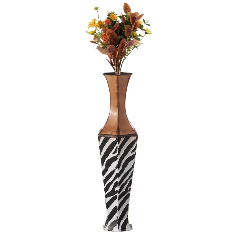 26-Inch Tall White Striped And Brown Metal Floor Vase: Premium Centerpiece For Home Decor Fill With Dried Flower And Artificial Floral Arrangements, Living Room And Bedroom Decoration