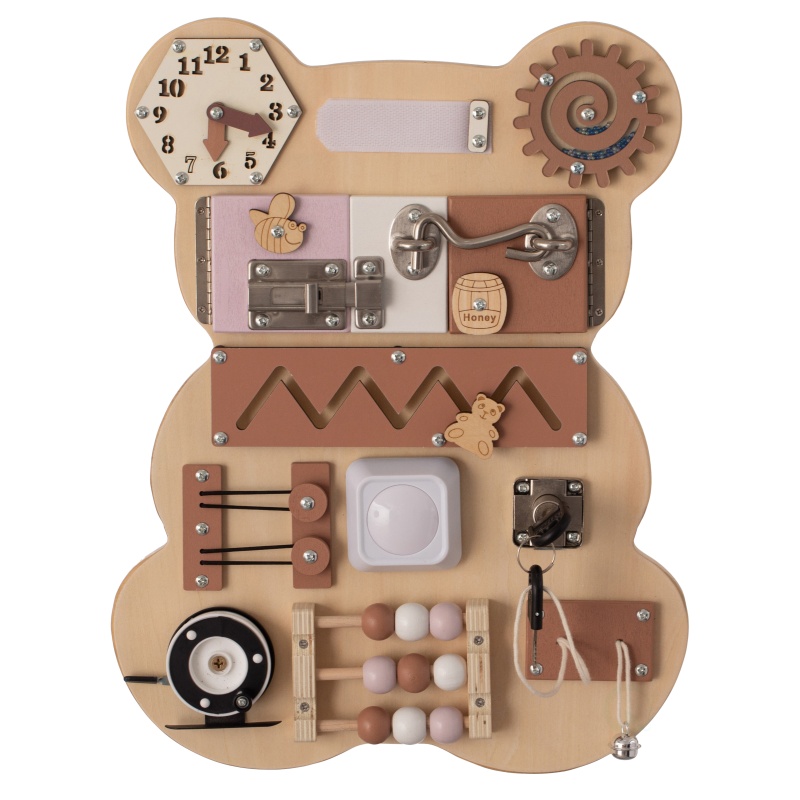 Wooden Sensory Bear Shaped Learning Toddler Busy Board For Playroom, Nursery, Preschool, And Doctors' Office