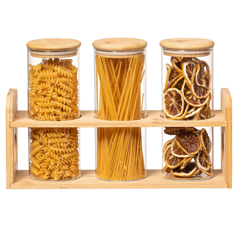 Basicwise 3 Pcs 30Oz Glass Jars With Bamboo Shelf For Storing Ground Coffee, Sugar, Beans And Grains, Airtight Canisters For Nuts, Pasta, Flour And Tea Bags - Ideal For Kitchen And Pantry Organization