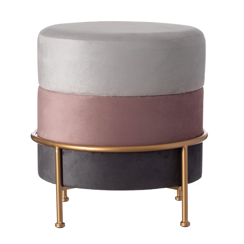 Round Velvet Ottoman Stool 16" Tall Tricolor With Gold Metal Stand