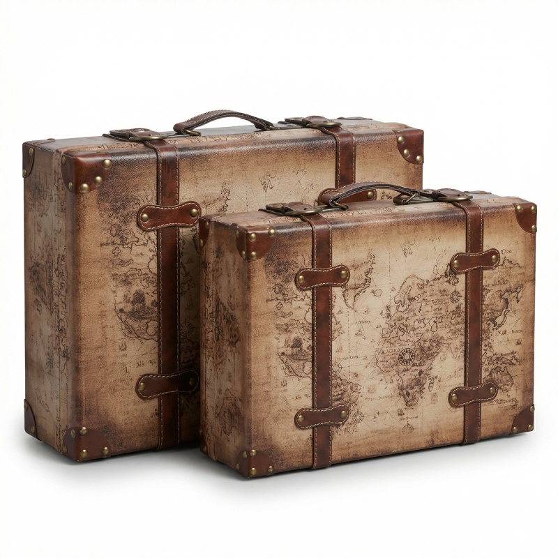 Old World Map Leather Vintage Style Suitcase With Straps-Set Of 2