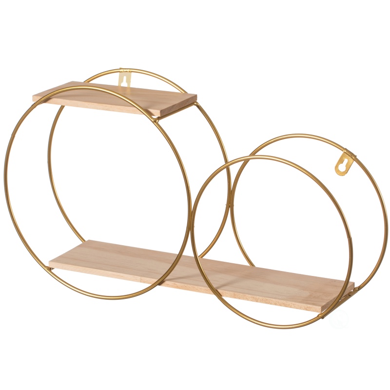 Tiered Decorative Modern Round Accent Floating Shelf Circle Decor Display Wall Mounted Shelf With Metal Frame And Pine Wood Shelves, Gold