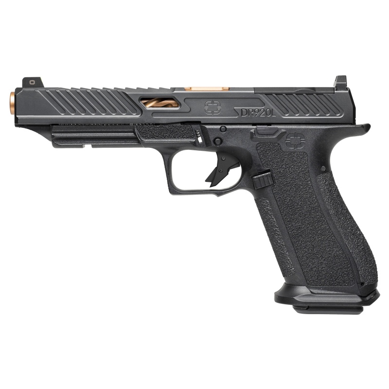 Shadow Systems, Dr920l Elite, Striker Fired, Semi-Automatic, Polymer Frame Pistol, Full Size, 9Mm, 5.31" Bronze Spiral And Fluted Barrel, Nitride Finish Slide, Black, Optics Ready, Flat Faced Trigger, Trigger Safety, Tritium Front Night Sight, 17 Rounds, 2 Magazines, Includes Optics Kit, Grip Kit, Attache Case, Shadow Systems Tool