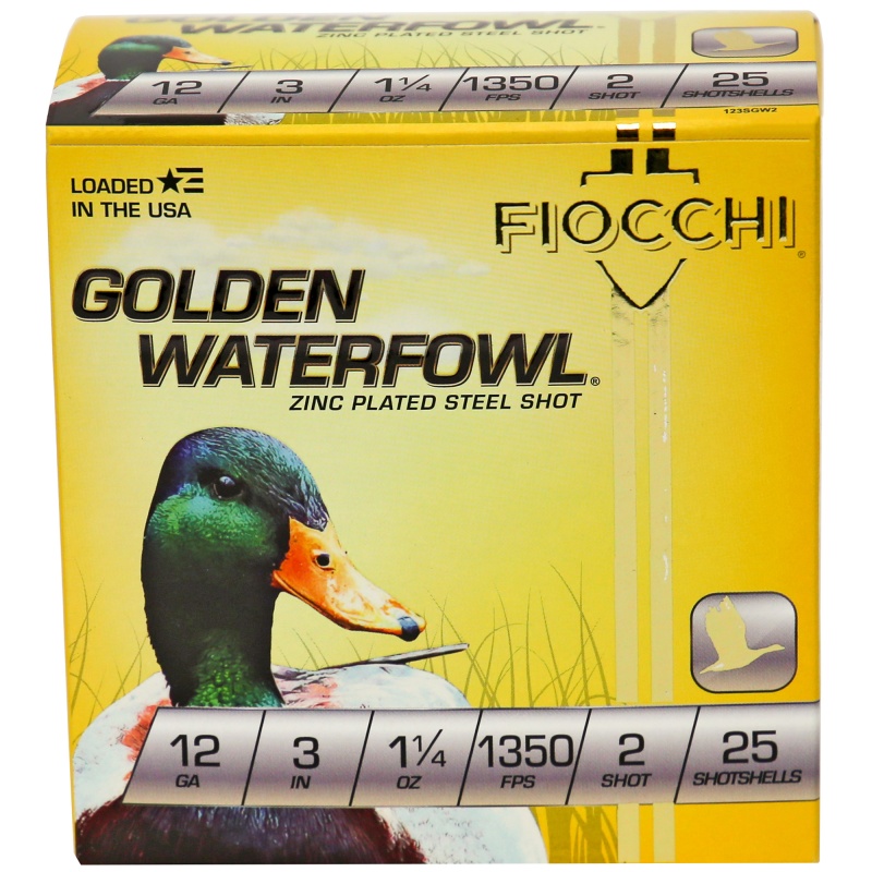 Fiocchi Ammunition, Golden Waterfowl, 12 Gauge, 3", #2, Steel Shot, 25 Round Box