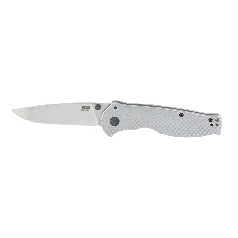 Sog Knives & Tools, Flash Ii Fl, Folding Knife, 3.4" Drop Point Blade, 8Cr13mov Blade Steel, Straight Edge, Satin Finish, Silver, Silver Stainless Steel Handle, Thumb Stud Opener, Frame Lock