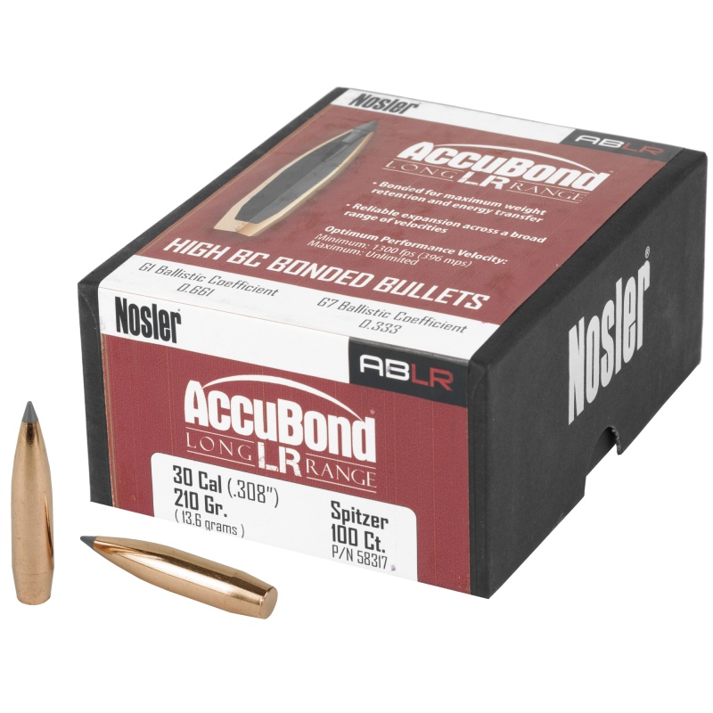 Nosler, Accubond Long Range, .308 Diameter, 30 Caliber, 210 Grain, Spitzer Boat Tail, 100 Count