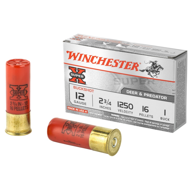 Winchester Ammunition, Super-X, 12 Gauge, 2.75", 1 Buck, Buckshot, 16 Pellets,5 Round Box