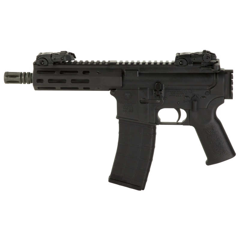 Tippmann Arms Company, M4-22 Micro Compact, Semi-Automatic, Ar Pistol, 22 Lr, 7" Barrel, A2 Birdcage Flash Hider, Matte Finish, Black, Free Float Aluminum M-Lok Handguard, Picatinny Rear Adapter, Front/Rear Flip Sights, 25 Rounds, 1 Magazine