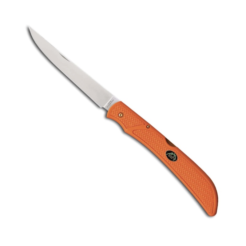 Outdoor Edge, Field-Bone, Fixed Knife, 5" Blade Length, 11.3" Overall Length, 440A Stainless Blade Steel, Plain Edge, Double-Tempered Blade, Silver, Orange Zytel Body, Includes Kryptek Sheath