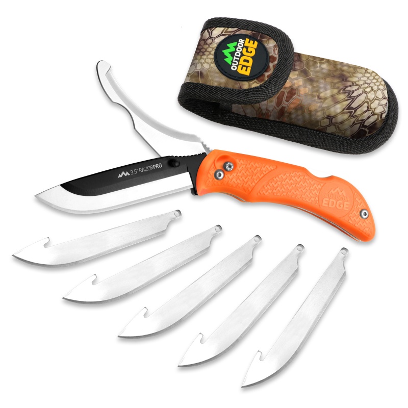 Outdoor Edge, Razor Pro, Folding Knife, Plain Edge, 3.5" Blades, 420J2 Stainless Steel, Orange Handle, Includes (6) Drop Point Blades And Gut Blade