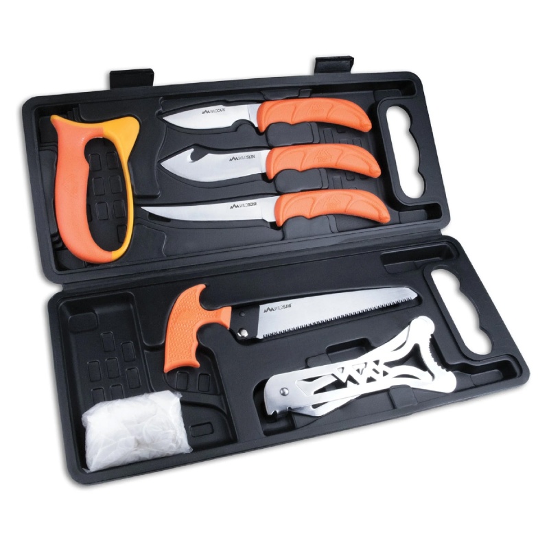 Outdoor Edge, Wild Pak Game Processing Kit, Fixed Blade Knife Set, Plain Edge, 420J2 Stainless Steel, Orange Handle, Includes (1) Caper Knife, (1) Skinner Knife, (1) Boning Knife, (1) Bone Saw, (1) Sharpener, (1) Rib Spreader, Game Cleaning Gloves, And Hard Case