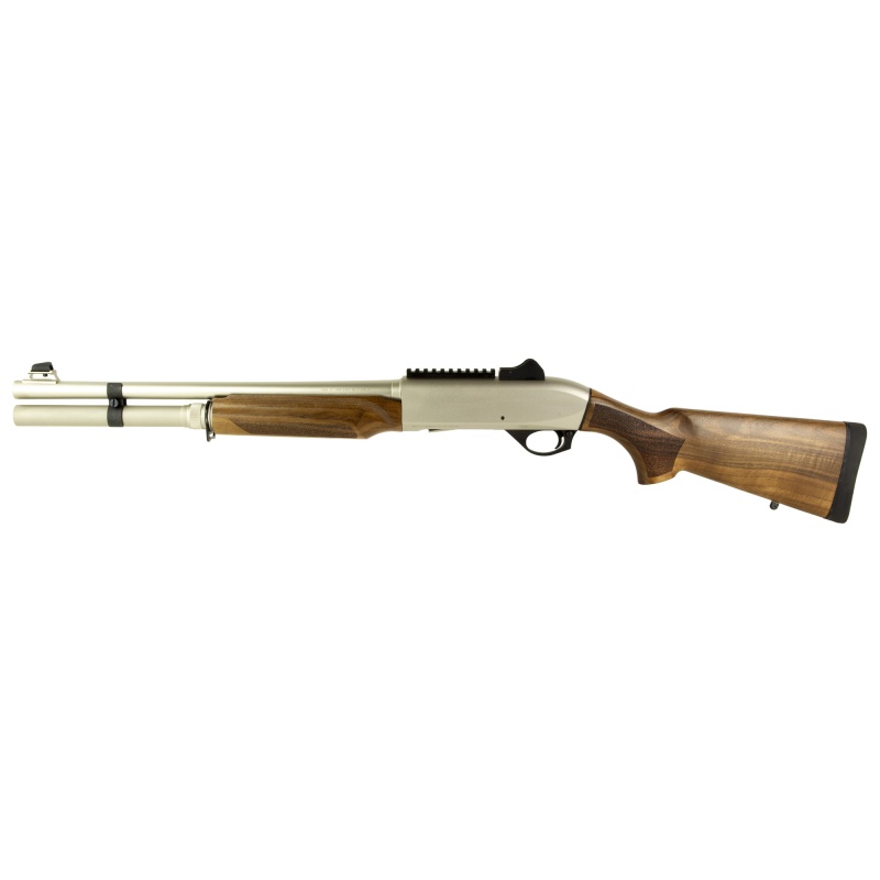 Military Arms Corporation, Mac 2 Tactical Marine Wood, Semi-Automatic Shotgun, 12 Gauge, 3" Chamber, 18.5" Barrel, Turkish Walnut Wood Stock And Forearm, Electroless Nickel Marine Finish, Ghost Ring Rear And Blade Front Sights, 5 Rounds, Includes Benelli/Mobil Pattern Chokes 1/3/5