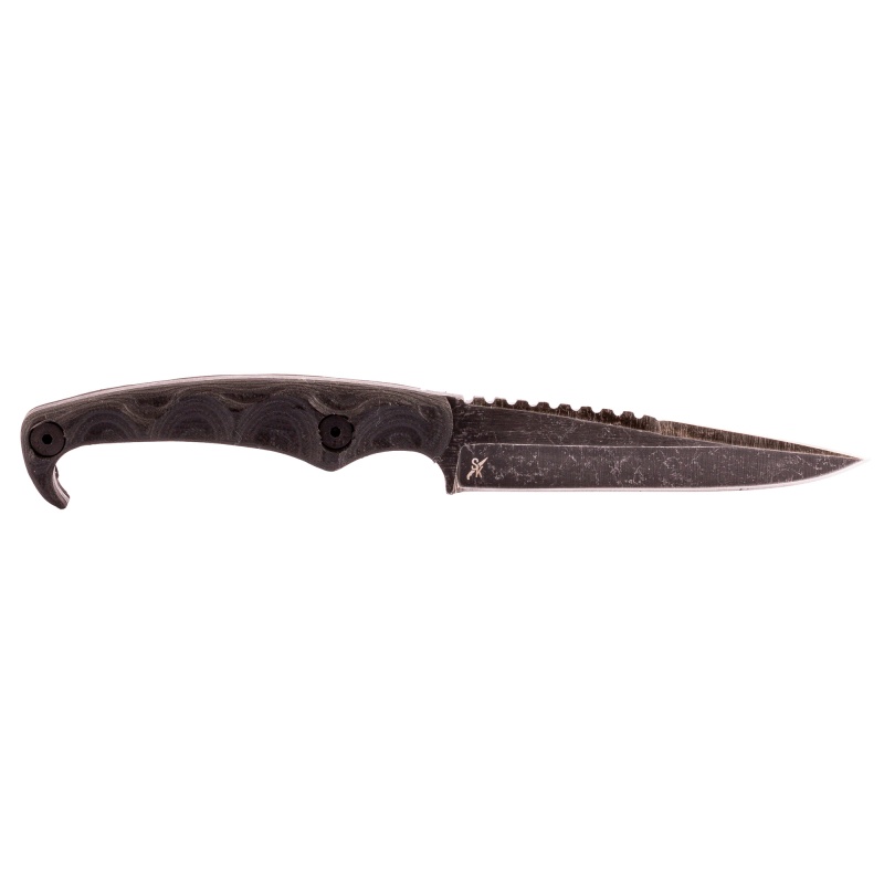 Stroup Knives, Mk2, Fixed Blade Knife, 4" Clip Point Blade, 1095 High Carbon Steel, 8" Overall Length, Acid Etched Finish, Black, G10 Handle, Includes Sheath