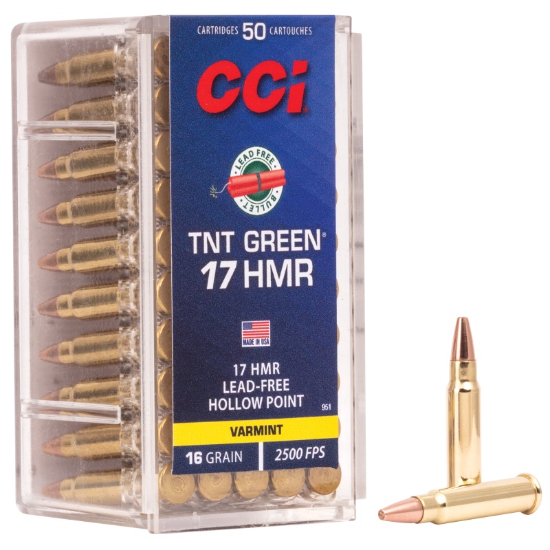 Cci Ammunition, Tnt Green, 17 Hmr, 16 Grain, Hollow Point, Lead Free, 50 Round Box, California Certified Nonlead Ammunition