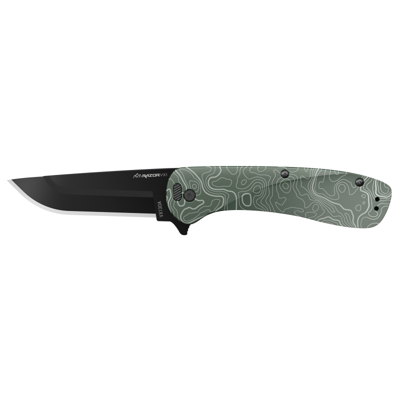 Outdoor Edge, Razor Vx1, Folding Knife, Plain Edge, 3" Blade Length, 7.3" Overall Length, 420J2 Stainless Steel, Includes (2) Standard Plain Edge And (1) Partially Serrated Blade, Anodized Green Finish, Aluminum Scales, Stainless Steel Blade Holder, Reversible Deep Carry Clip