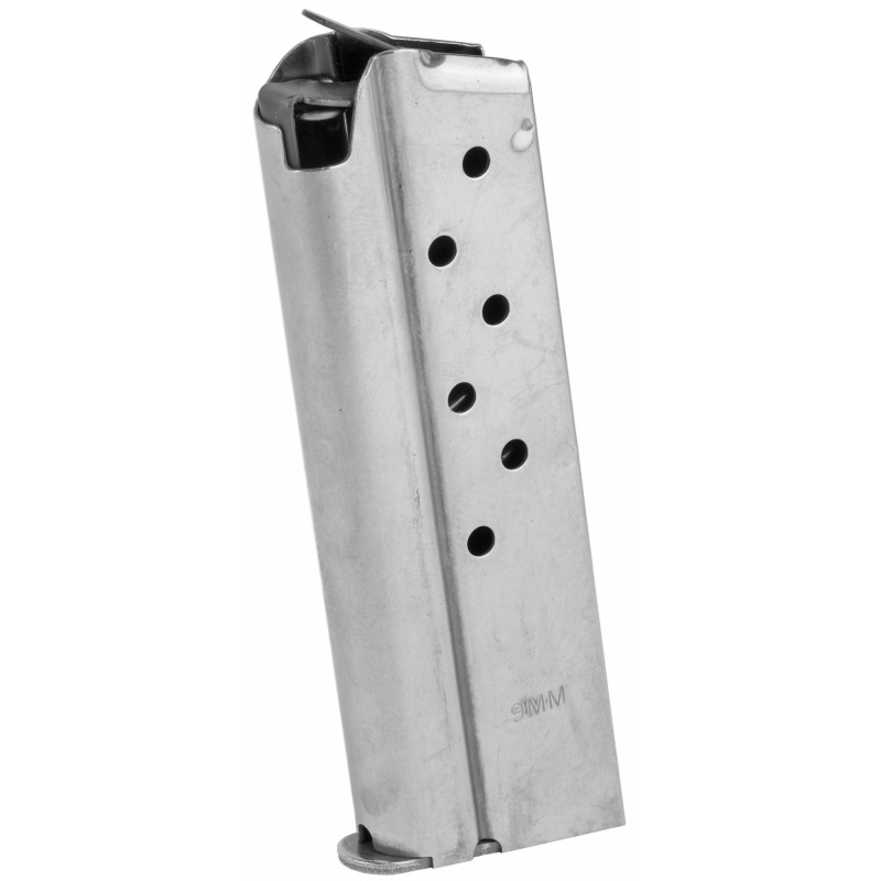 Ed Brown, Magazine, 9Mm, 8 Rounds, Fits 1911 Officer's Model, Includes 1 Thick And 1 Thin Base Pad, Stainless, Silver