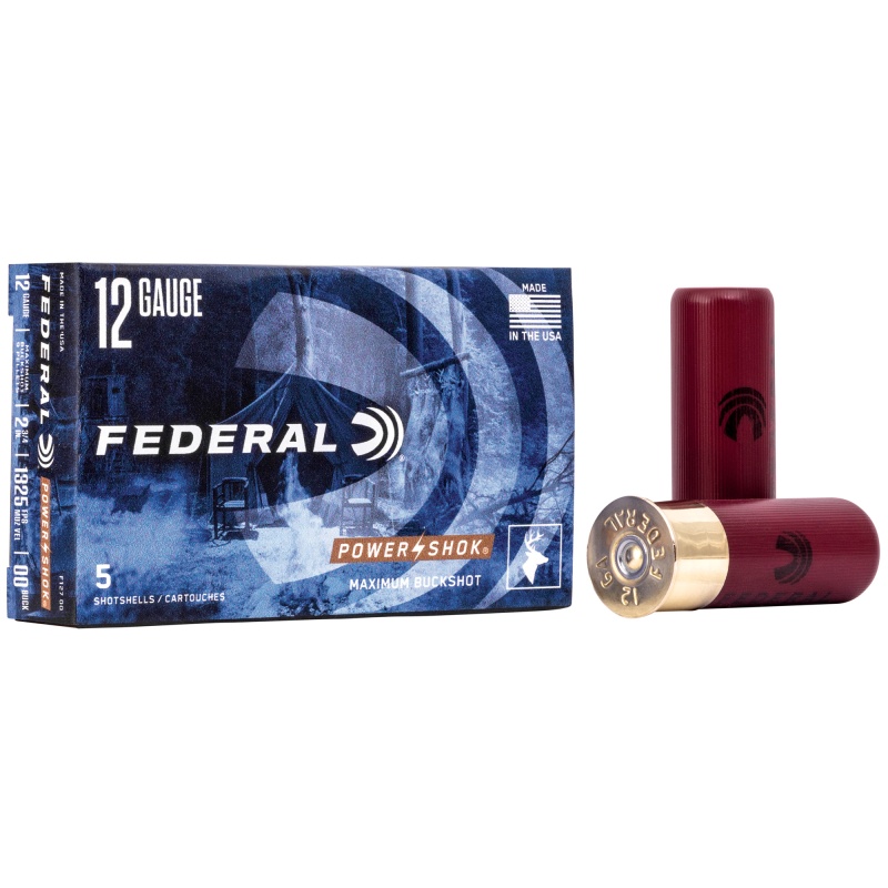 Federal, Powershok, 12 Gauge, 2.75", 00 Buck, Max Dram, Buckshot, 9 Pellets, 5 Round Box