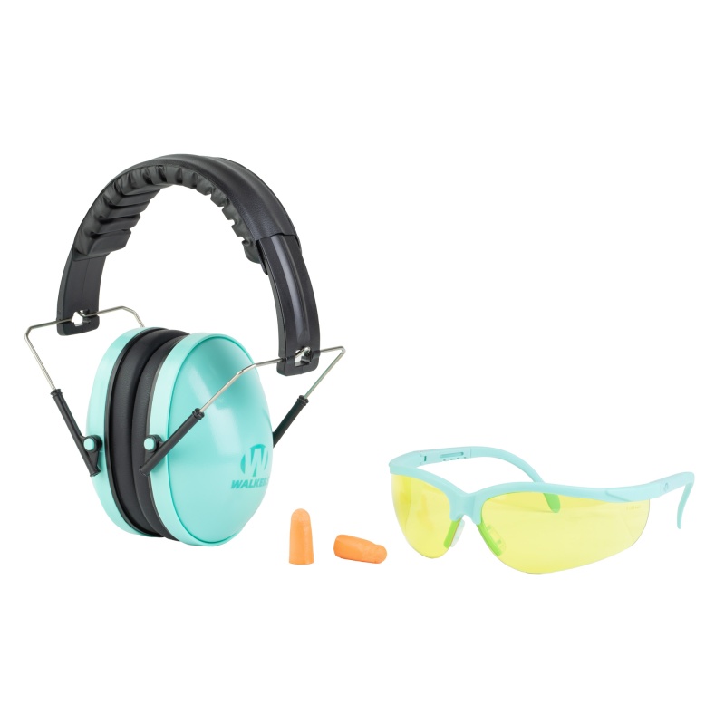 Walker's, Womens Folding Muff, Earmuff, Ideal For Smaller Head Size, Teal, Includes Ear Plugs And Sport Glasses