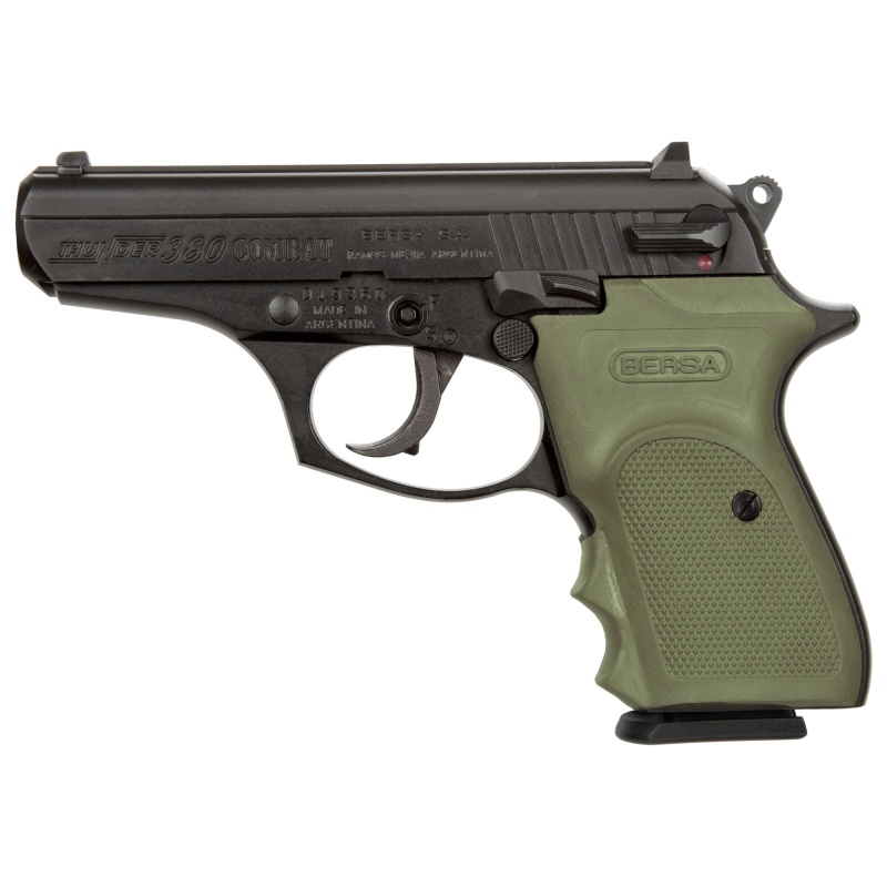 Bersa, Thunder, Combat, Double Action/Single Action, Semi-Automatic, Metal Frame Pistol, Compact, 380Acp, 3.5" Barrel, Alloy, Matte Finish, Black, Green Polymer Grips, Fixed Sights, 8 Rounds, 1 Magazine