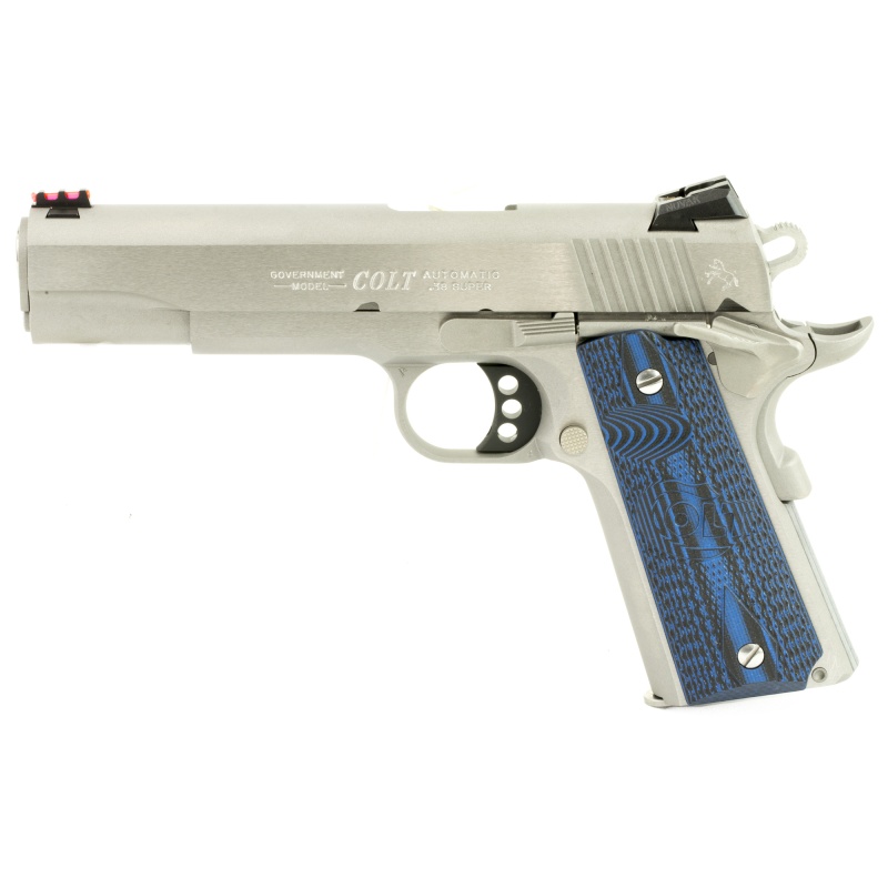 Colt's Manufacturing, Competition Ss, Semi-Automatic, Metal Frame Pistol, Full Size, 38 Super, 5" Barrel, Steel, Stainless Finish, G10 Checkered Blue Grips, Novak Red Fiber Optic Front Sight, Novak Adjustable Rear Sight, 9 Rounds, Series 70 Firing System