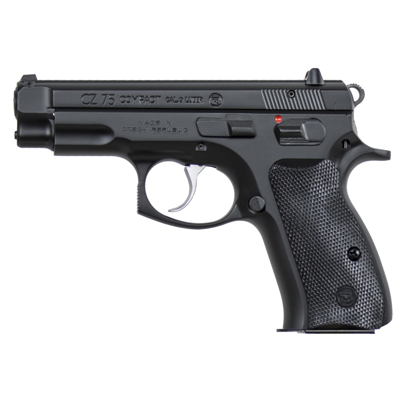 Cz, 75 Compact, Double Action/Single Action, Semi-Automatic, Metal Frame Pistol, Compact, 9Mm, 3.7" Cold Hammer Forged Barrel, Manual Safety, Matte Finish, Black, Plastic Grips, Fixed Sights, 10 Rounds, 2 Magazines