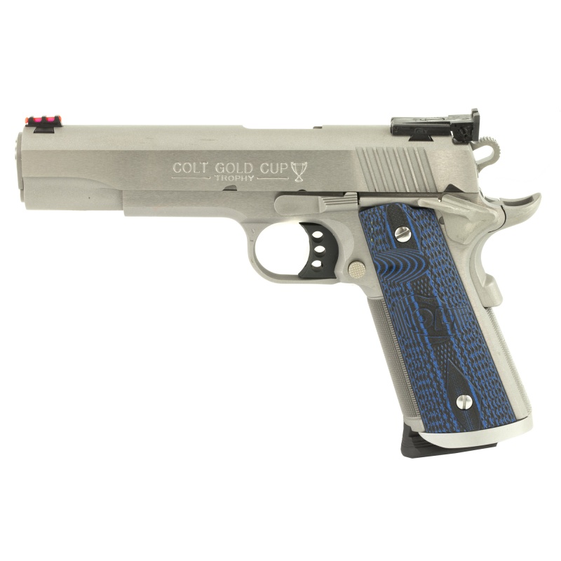 Colt's Manufacturing, Gold Cup Trophy, 1911, Semi-Automatic, Metal Frame Pistol, Full Size, 45Acp, 5" Barrel, Steel, Stainless Finish, G10 Checkered Blue Grips With Scallop, Fiber Optic Front, Bomar Style Rear Sights, 8 Rounds, 1 Magazine