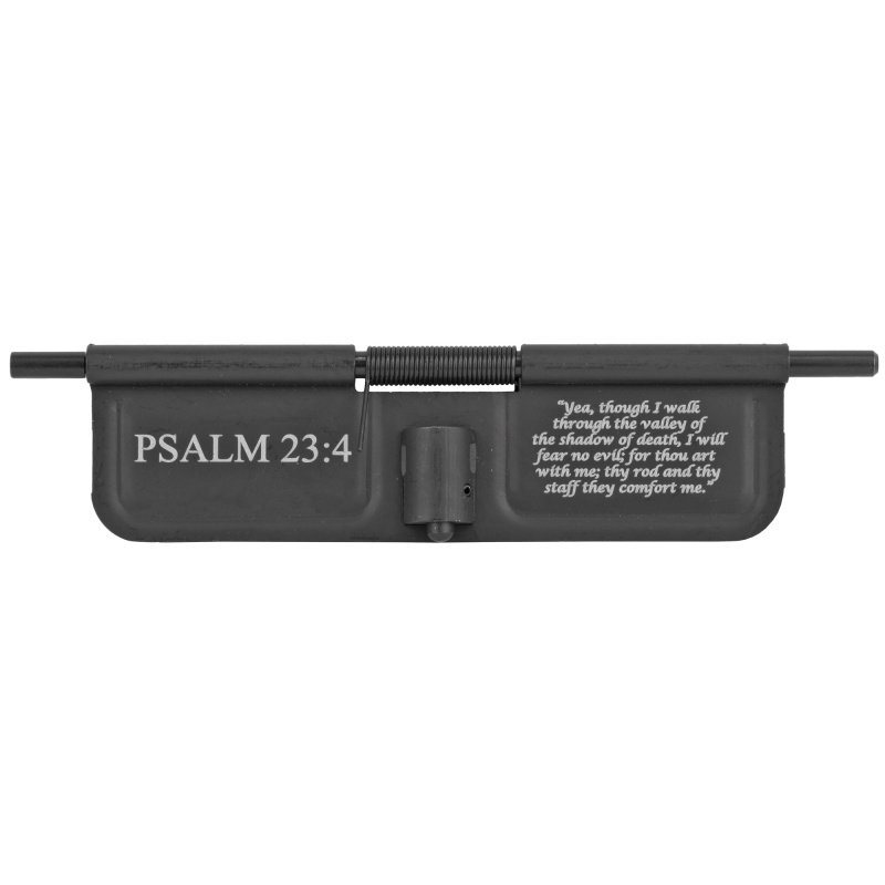 Bastion, Psalm 23:4, Ar-15 Ejection Port Dust Cover, Black/White Finish, Psalm 23:4 Laser Engraved On Open Side Only, Fits Standard 223/556/6.8/6.5