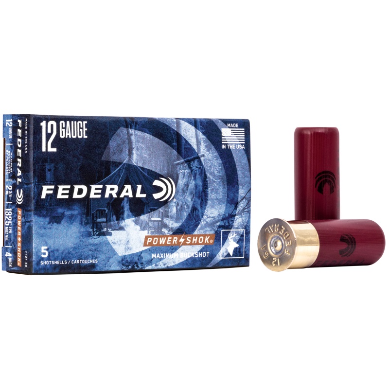 Federal, Powershok, 12 Gauge, 2.75", 4 Buck, Max Dram, Buckshot, 27 Pellets, 5 Round Box