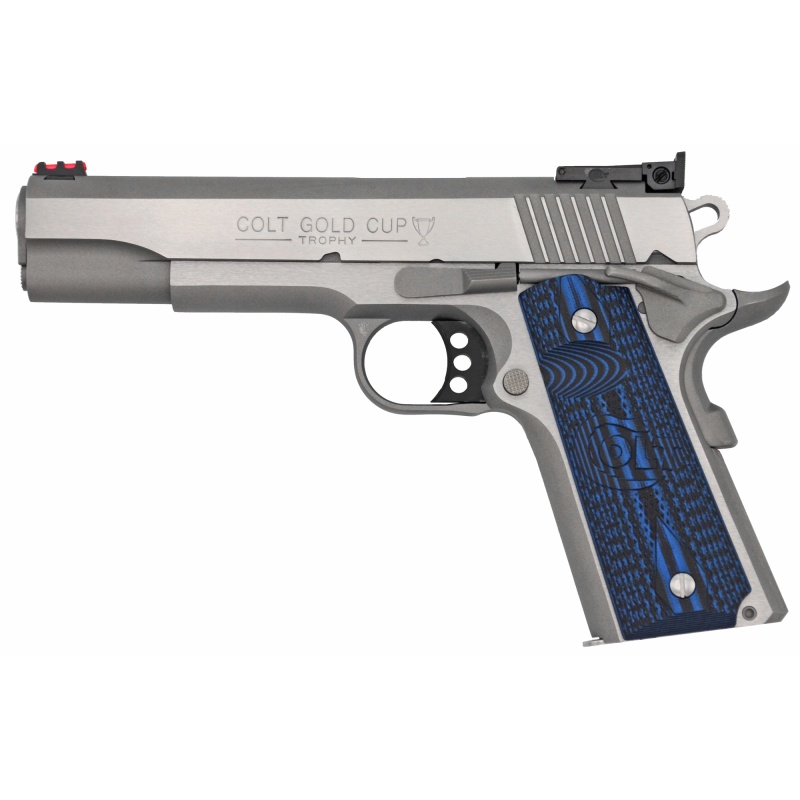 Colt's Manufacturing, Gold Cup Lite, 1911, Semi-Automatic, Metal Frame Pistol, Full Size, 38 Super, 5" Barrel, Steel, Brushed Finish, G10 Grips, Fiber Optic Front And Adjustable Rear Sights, 9 Rounds, 1 Magazine, Upswept Beavertail Grip Safety
