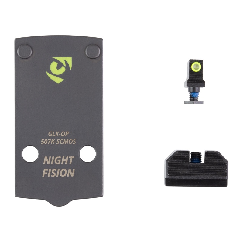Night Fision, Optic Plate + Backup Sight Combo, Yellow Front Night Sight With Black Rear, Holosun 507K Optic Plate, Fits Glock 43X/48 Mos