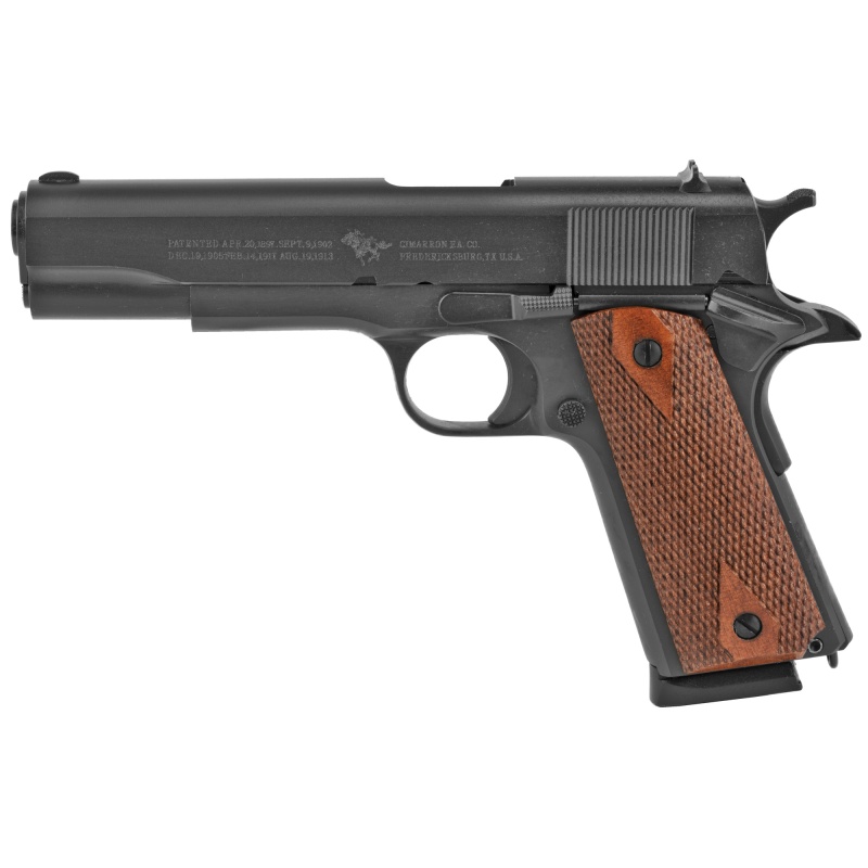 Cimarron, 1911A1, Semi-Automatic, 1911, Metal Frame Pistol, Full Size, 45Acp, 5" Barrel, Steel, Parkerized Finish, Black, Wood Grips, Fixed Sights, 8 Rounds, 1 Magazine