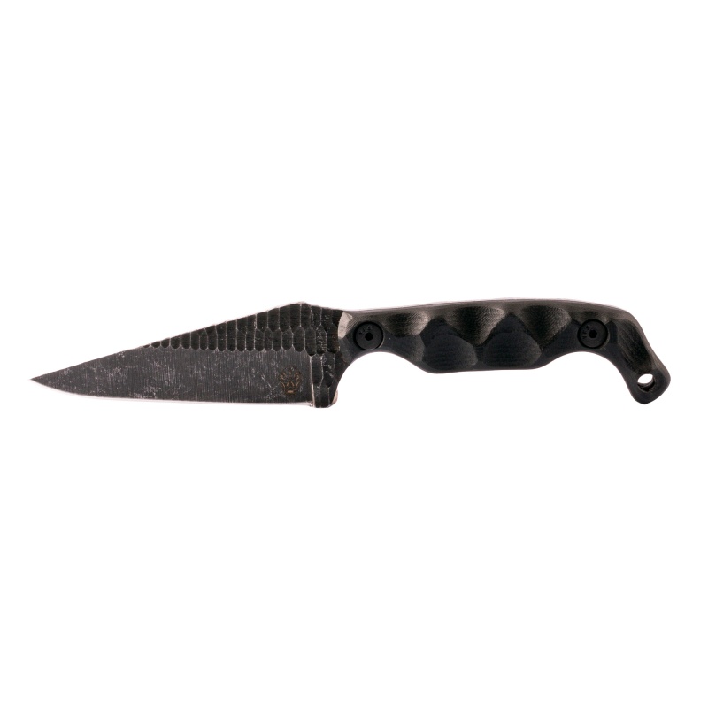 Stroup Knives, Bravo 5, Fixed Blade Knife, 3.5" Wharncliffe Blade, 7.75" Overall Length, 1095 High Carbon Blade Steel, Plain Edge, Acid Etched Finish, Black, Gray G-10 Handle, Includes Kydex Sheath