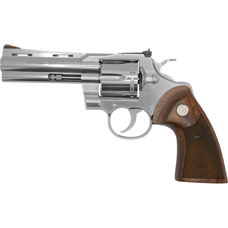 Colt's Manufacturing, Python, Revolver, Double/Single Action Only, 357 Magnum, 4.25" Barrel, Steel, Stainless Finish, Walnut Grips, Red Ramp Front/Adjustable Rear Sight, 6 Rounds