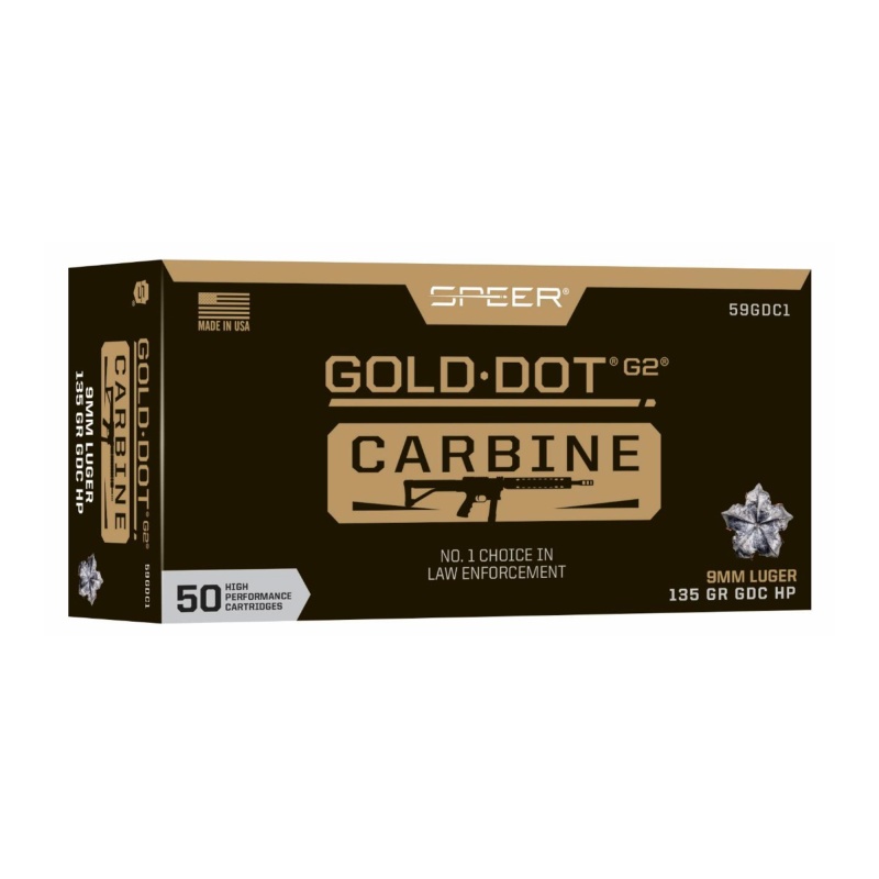 Speer Ammunition, Speer Gold Dot Carbine, 9Mm, 135 Grain, Gold Dot Hollow Point, 50 Round Box