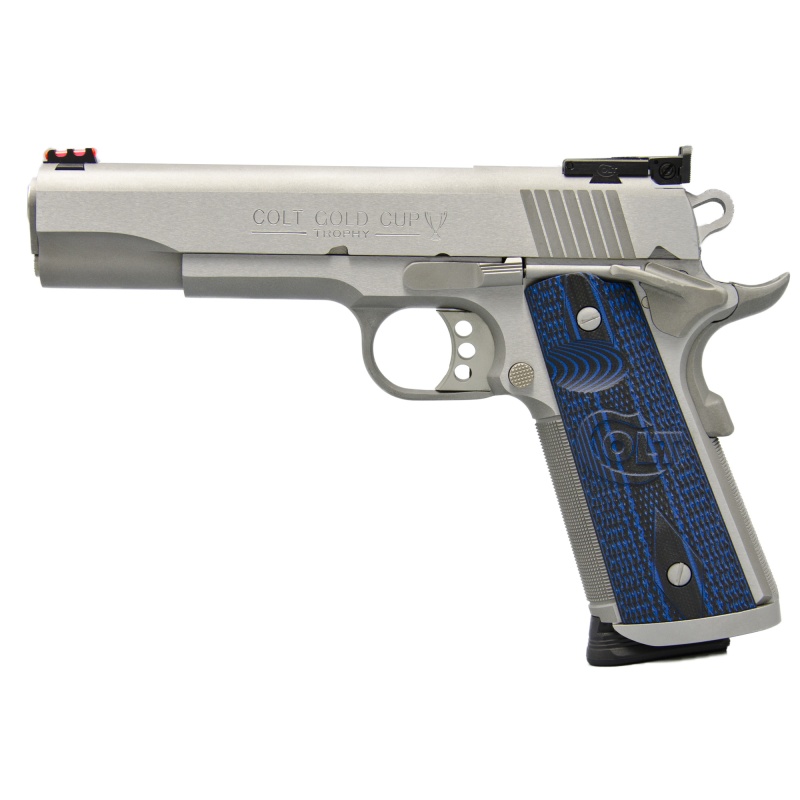 Colt's Manufacturing, Gold Cup Trophy, 1911, Semi-Automatic, Metal Frame Pistol, Full Size, 9Mm, 5" Barrel, Steel, Stainless Finish, G10 Checkered Blue Grips With Scallop, Bomar Style Rear Sight, 9 Rounds, 1 Magazine