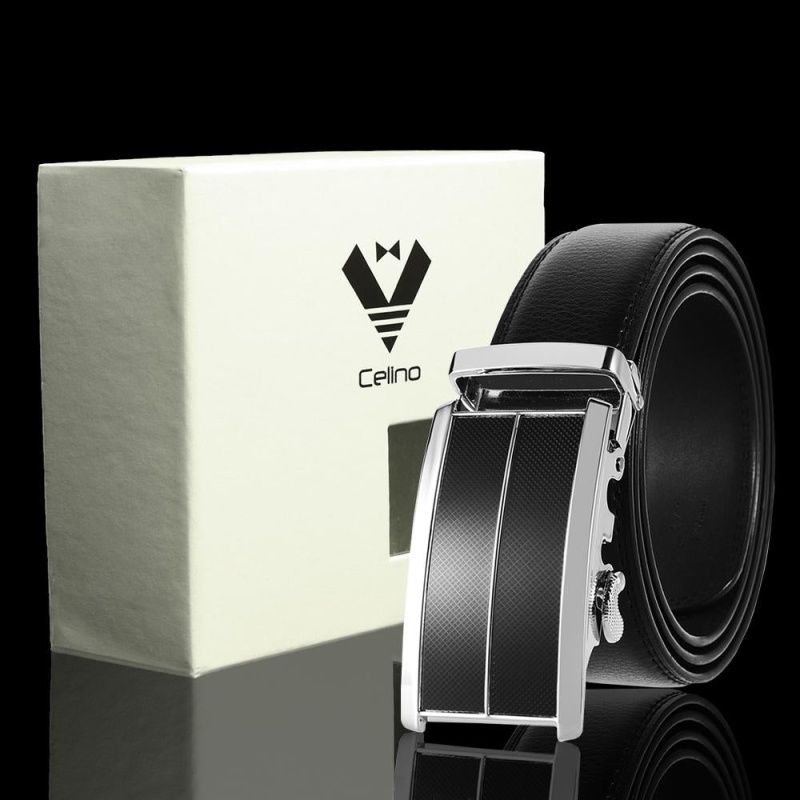 Black & Silver Buckle & Black Belt Adjustable Ratchet Slide Buckle Belt