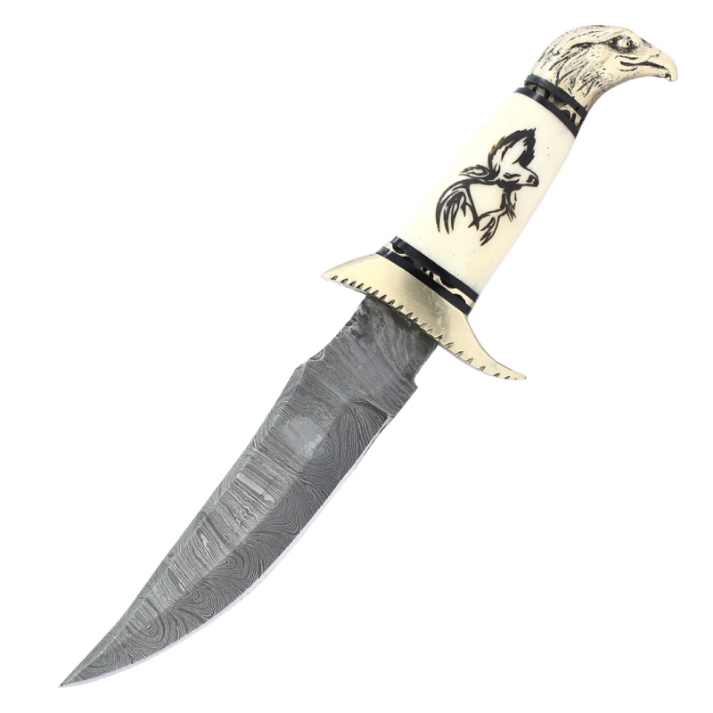Theboneedge 13" Bone Handle Brass Bolster Eagle Head Damascus Blade Hunting Knives With Leather Sheath