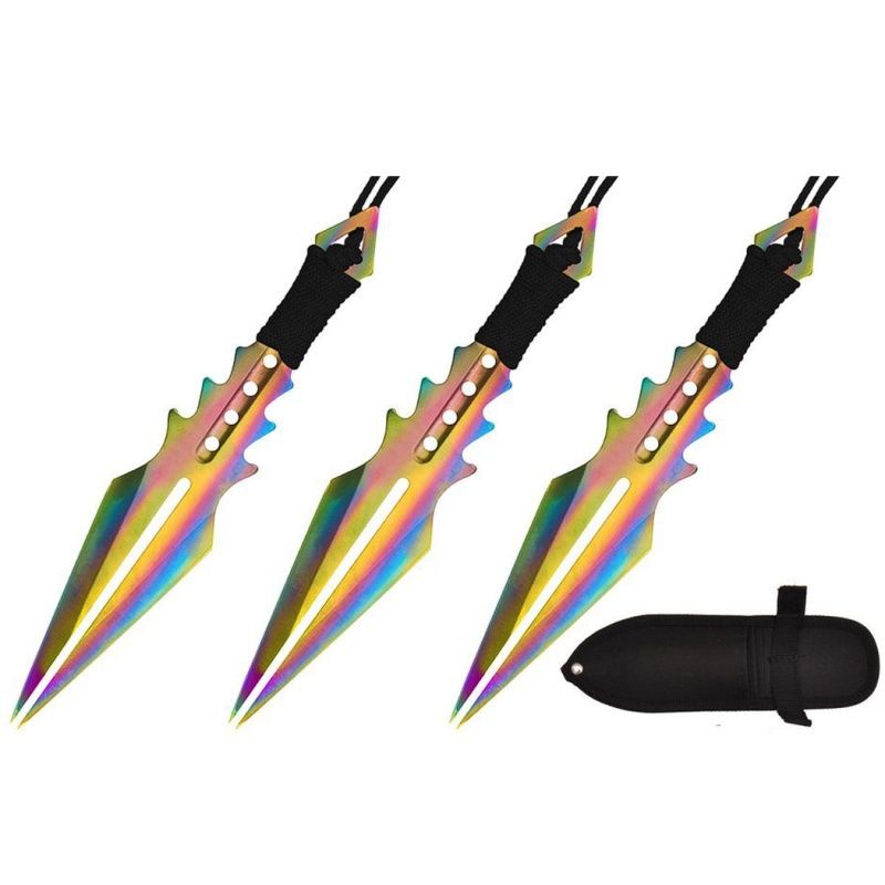 7.5" Split Blade Throwing Knife W/ Black Cord Wrapped Iridescent Blade 3Pc Set