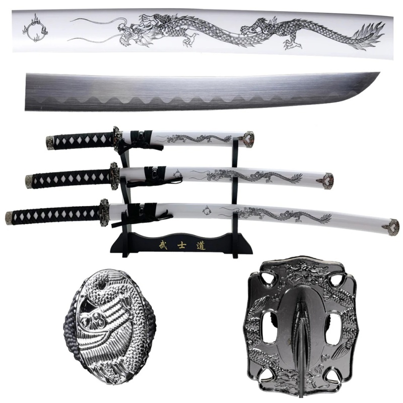 39.5" White Dragon Print Design Carbon Steel Blades Samurai Sword 3Pcs Set With Stand