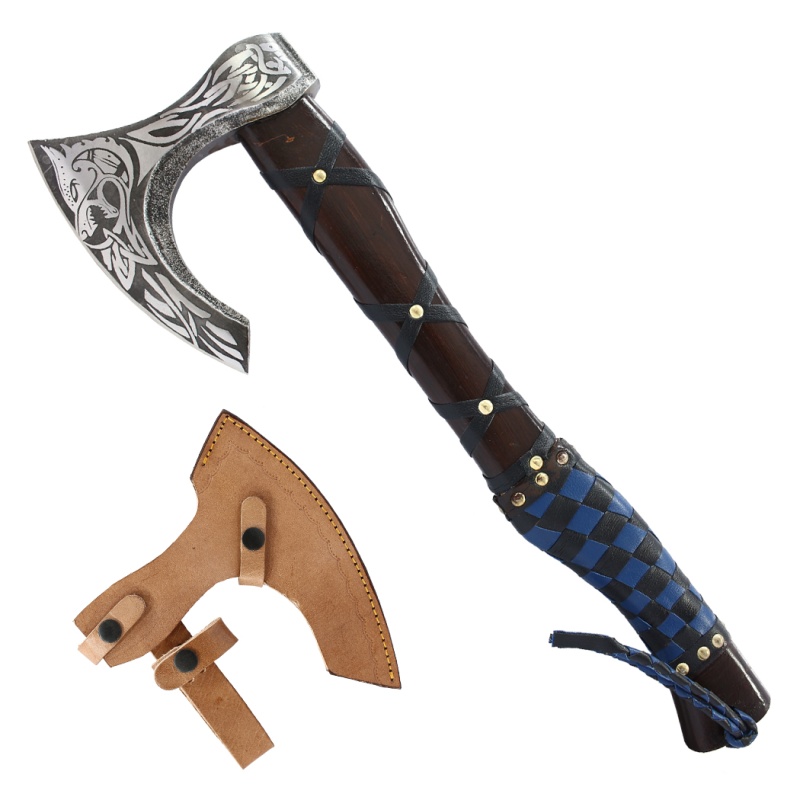Theboneedge 19.5" Blue & Black Leather Wrapped Handle Steel Blade Hunting Axe With Sheath