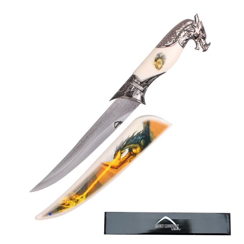 13.5" Stainless Steel Engrave Blade Fantasy Dagger Dragon Head With White Scabbard