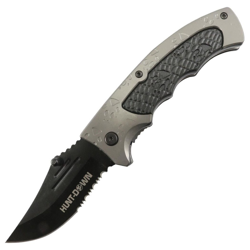 Hunt-Down 8" Grey & Black Handle Tiger Paw Staineless 3Cr13 Steel Spring Assisted Folding Knife