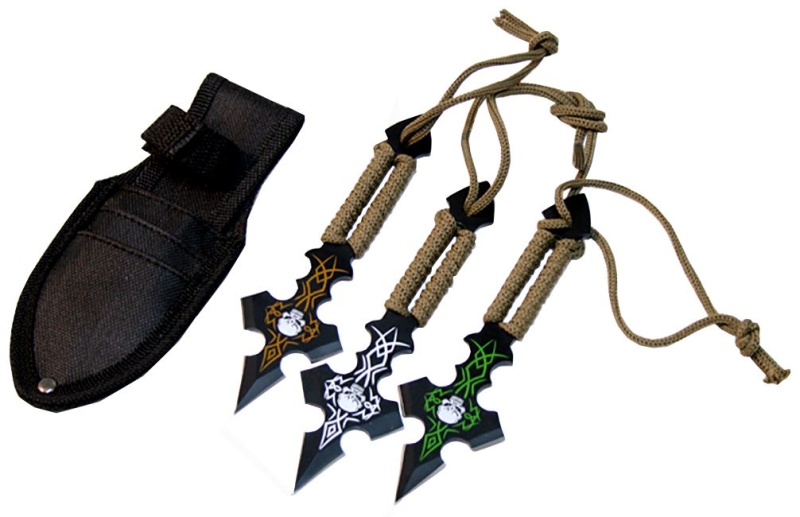 Set Of 3 Skull Design & Green String Throwing Knives With Sheath