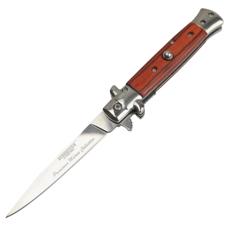 Defender-Xtreme 9" Spring Assisted Folding Knife Packawood Handle Steel Blade