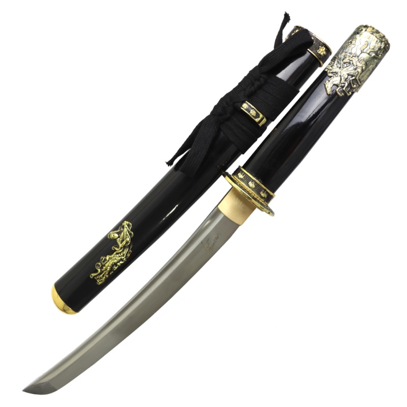 Theboneedge 19.5" Carbon Steel Blade Samurai Sword Black Gold Emblem Scabbard